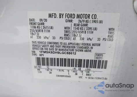 2020 Ford Explorer Xlt z USA, uszkodzony, nr VIN 1FMSK8DH9LGC88612